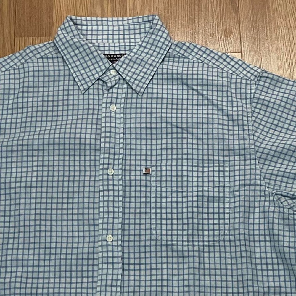 Ralph Lauren Polo Jeans Large Men’s Short Sleeve Button Down Shirt Blue Plaid - Picture 2 of 6